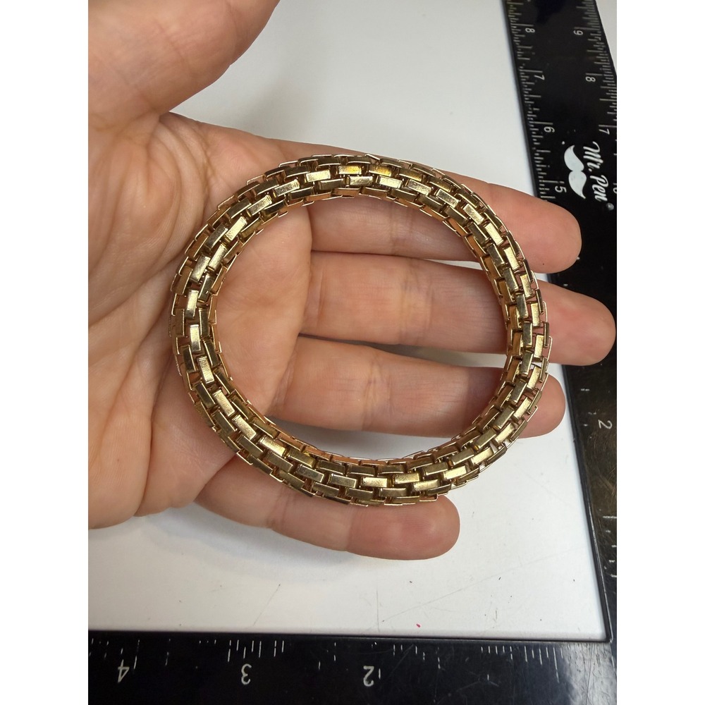 Gold Tone Brick Link Stretch Bangle Bracelet Textured Rectangular Links